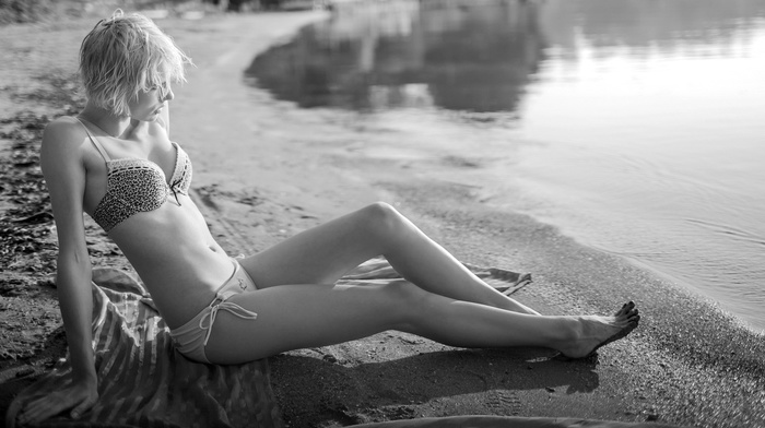 girl, girl outdoors, model, bikini, monochrome