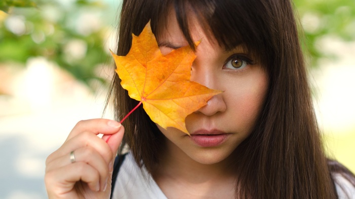 leaves, portrait, girl, face