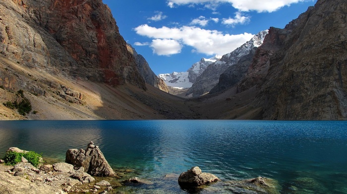 water, snow, lake, mountain, clouds, landscape, nature, Tajikistan, blue
