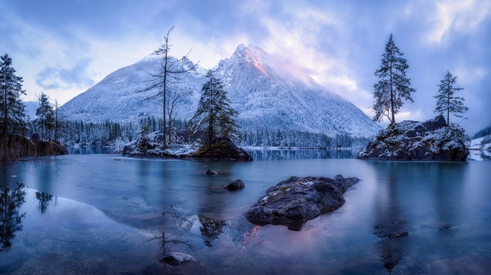 winter, mountain, forest, lake, nature, frost, landscape, clouds, island, blue, trees, snow, sunrise, cold