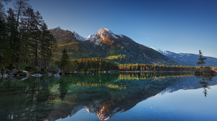 trees, mountain, blue, Germany, reflection, water, forest, lake, snowy peak, landscape, nature, sky, morning