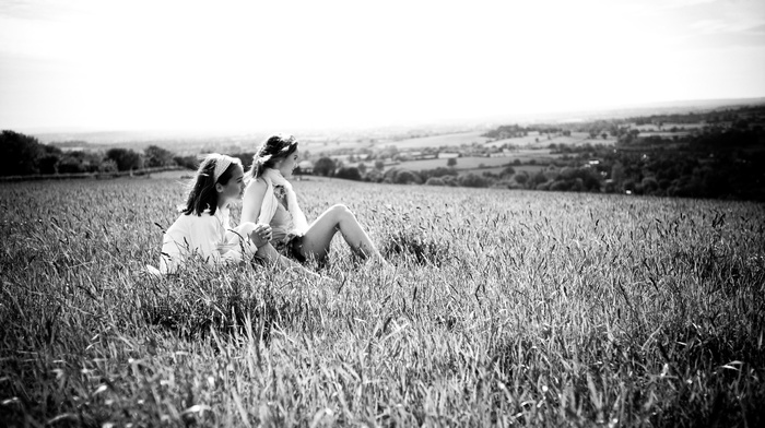 girl outdoors, monochrome