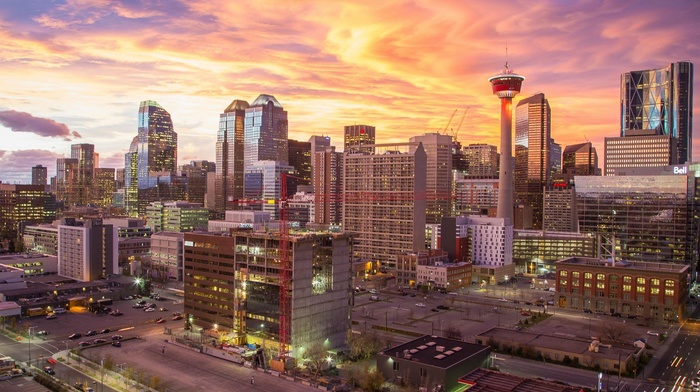 city, Calgary, sunset, Alberta, Canada, cityscape