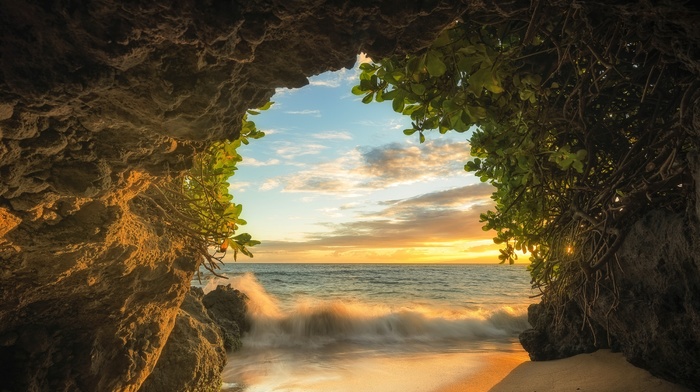 shrubs, sunset, clouds, landscape, Maui, nature, sea, cave, sand, island, beach