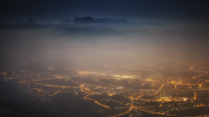 Austria, cityscape, landscape, nature, mist, Salzburg, mountain, night, lights