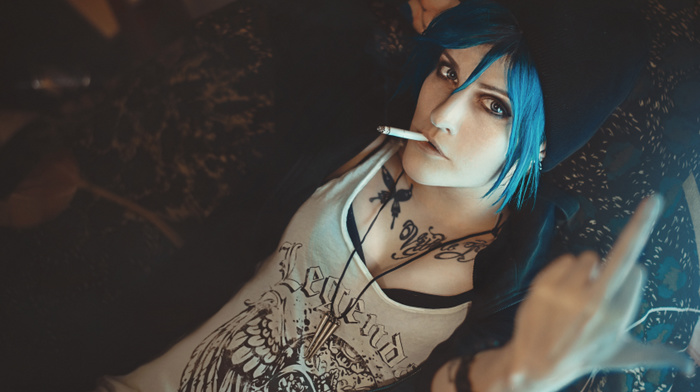 cigarettes, punk, Game Girl, butterfly, Life Is Strange, fuck, Chloe Price, cosplay, blue hair, tattoo