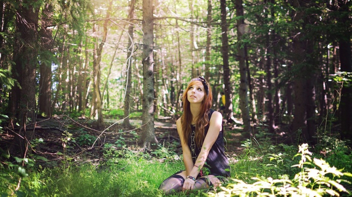 redhead, long hair, forest
