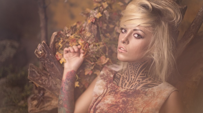 girl, blonde, piercing, tattoo