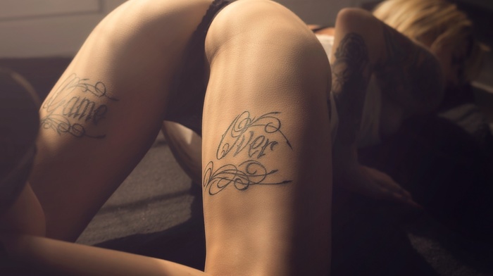 tattoo, blonde, ass, girl, lingerie