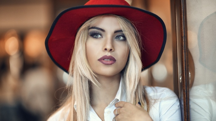 model, hat, girl, juicy lips, Alessandro Di Cicco, makeup, white clothing, blonde, portrait, blue eyes