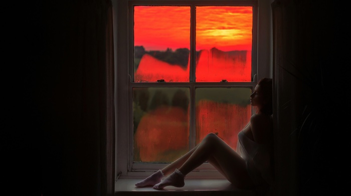 girl, window, model, sunset, no bra, white clothing