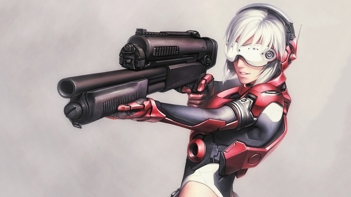 gun, white hair, futuristic, anime girls