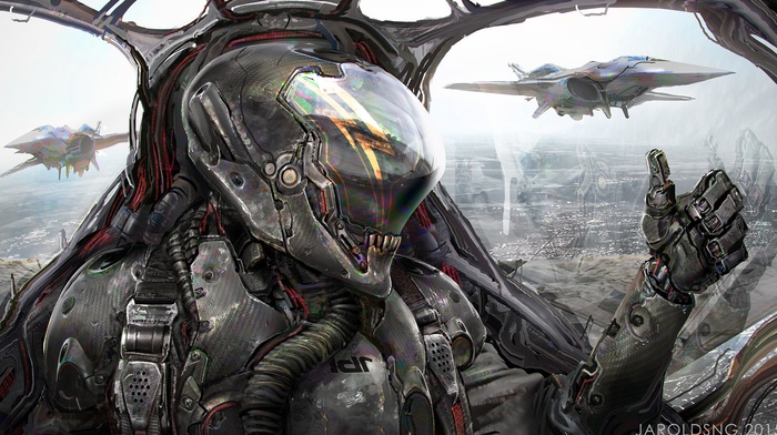 artwork, thumbs up, aircraft, science fiction, concept art
