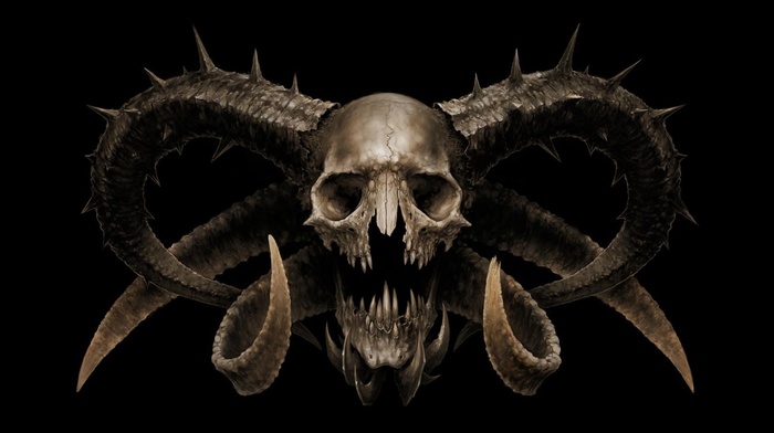 digital art, horns, demon, fangs, skull, death, spooky, devils, creature, horror, black background, teeth