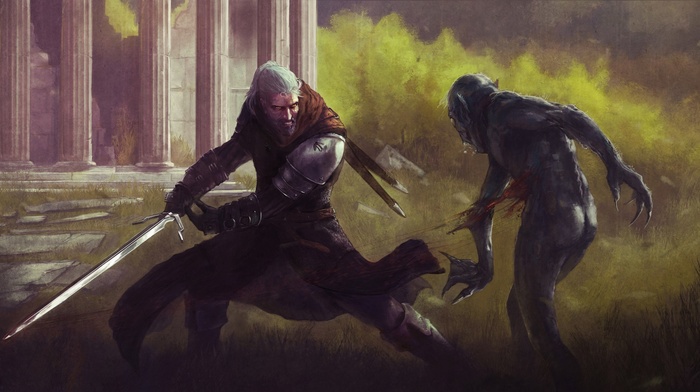 sword, artwork, video games, The Witcher, The Witcher 3 Wild Hunt, fantasy art, Geralt of Rivia