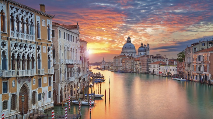 cathedral, boat, water, clouds, Italy, sunrise, Grand Canal, town, cityscape, Venice, sky