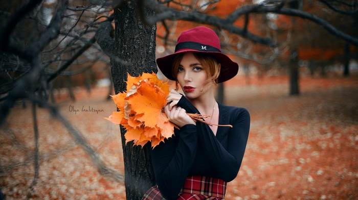 leaves, hat, blue eyes, model, red lipstick, Olga Galitsyna, fall, redhead, girl, girl outdoors