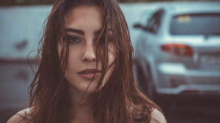 model, rain, portrait, girl, wet hair, brunette