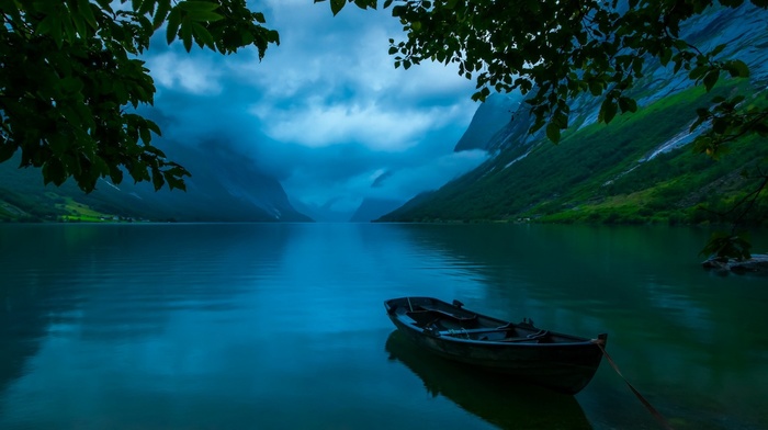 water, grass, clouds, trees, landscape, nature, lake, Norway, blue, boat, mountain