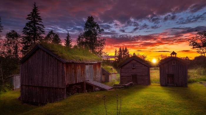 sky, sunset, cabin, trees, clouds, ancient, grass, landscape, nature