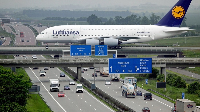 road, Lufthansa, Airbus, passenger aircraft, Germany, car, aircraft, Leipzig Airport, A380