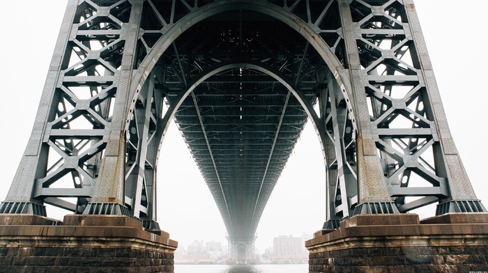 cityscape, Brooklyn, Hudson River, mist, bricks, arch, bridge, metal, New York City, architecture, river, building