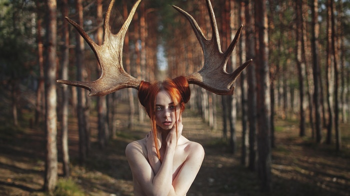 looking at viewer, open mouth, nature, girl outdoors, redhead, trees, antlers, long hair, strategic covering, bare shoulders, forest, girl, model, face