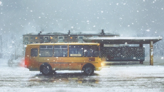 snow flakes, buses, city, road, alone, sadness, winter