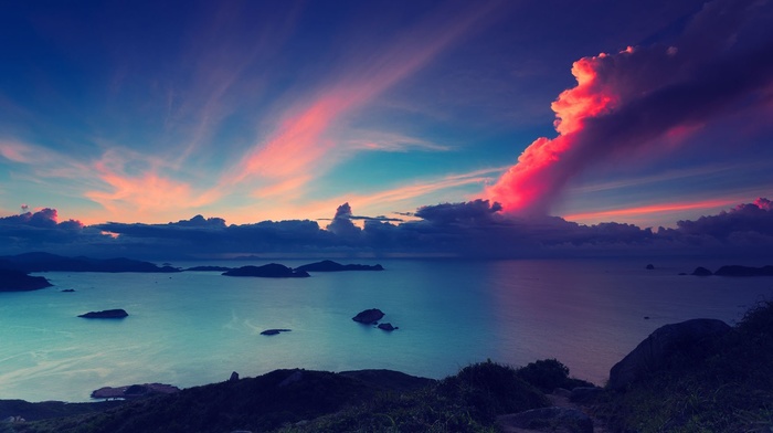 lake, clouds, sky, island, sunrise