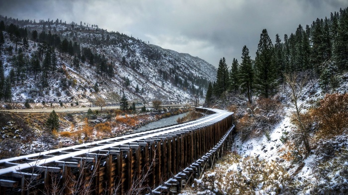 trees, valley, snow, hill, fall, river, railway