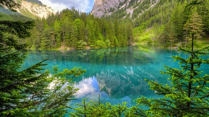 water, summer, green, trees, lake, forest, mountain, nature, Austria, landscape, turquoise, reflection