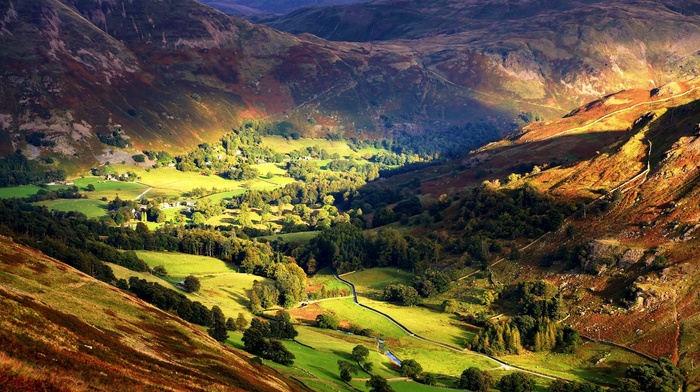 field, trees, landscape, valley, village, sunlight, mountain, England, nature