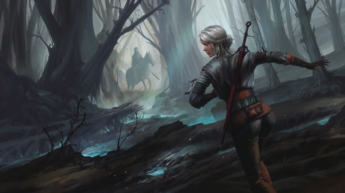 The Witcher, The Witcher 3 Wild Hunt, white hair, concept art, sword, video games, Ciri, artwork, girl