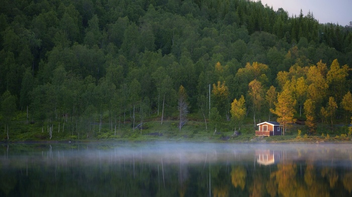 sunset, forest, reflection, nature, Norway, hill, water, mist, landscape, grass, cottage, lake, trees, fall
