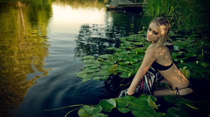 girl outdoors, model, bikini, pond, girl, blonde, black bras, smoky eyes, black panties