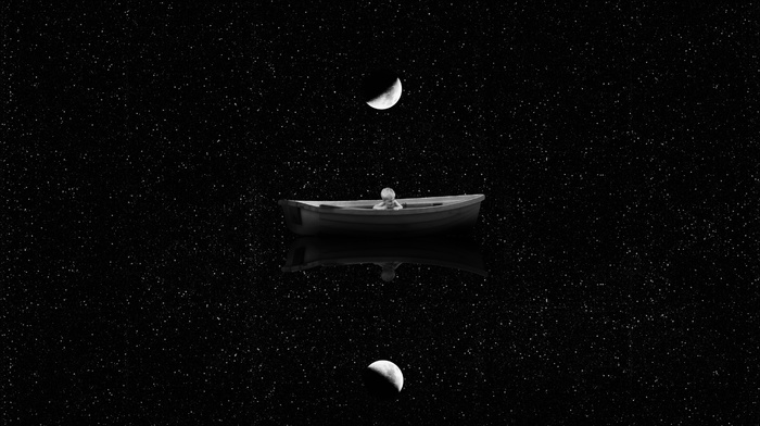 boat, stars, children, moon