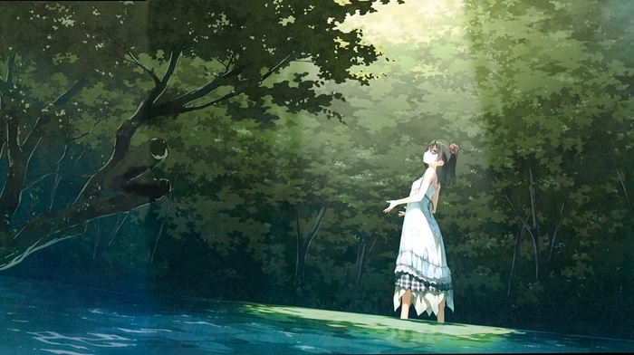 landscape, green, park, white dress, original characters, trees, Afterschool of the 5th year, Kantoku, forest, Shizuku Kantoku