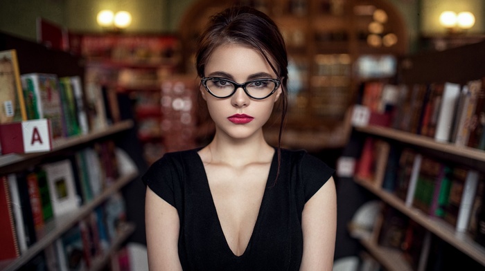 model, glasses, Oktyabrina Maximova, brunette, Maxim Guselnikov, brown eyes, portrait, girl, library, red lipstick, cleavage