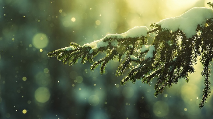 branch, trees, snowy peak, winter, snow