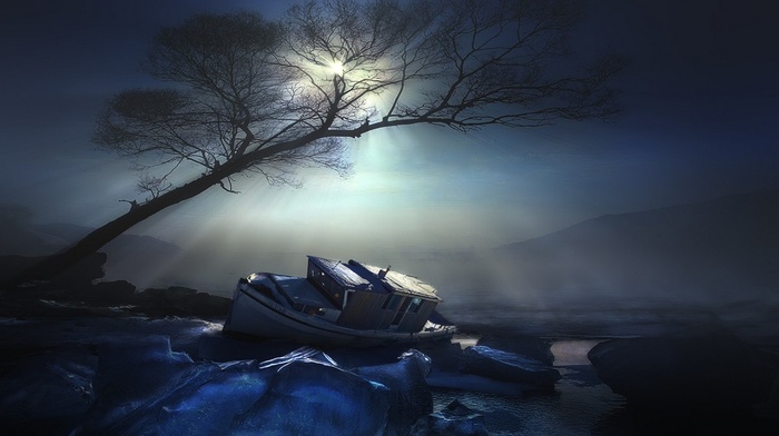 nature, blue, night, water, moonlight, trees, landscape, ice, boat, moon, mist