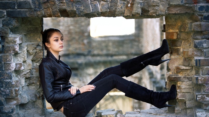 brown eyes, girl, side view, leather jackets, brunette, sitting, knee, high boots