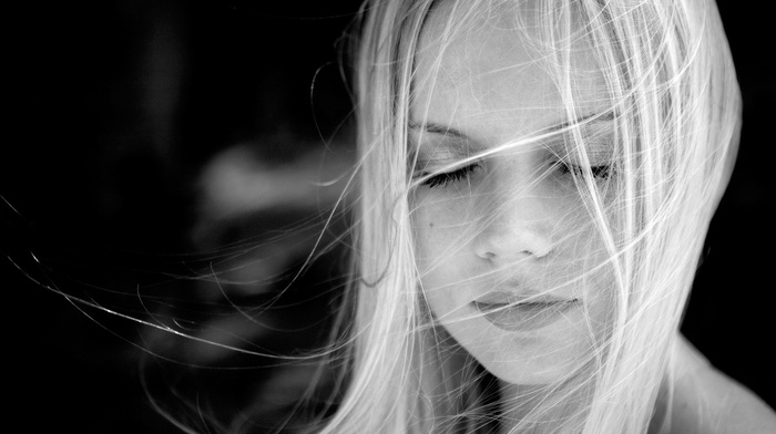 blonde, monochrome, portrait, closed eyes, face, girl, hair in face