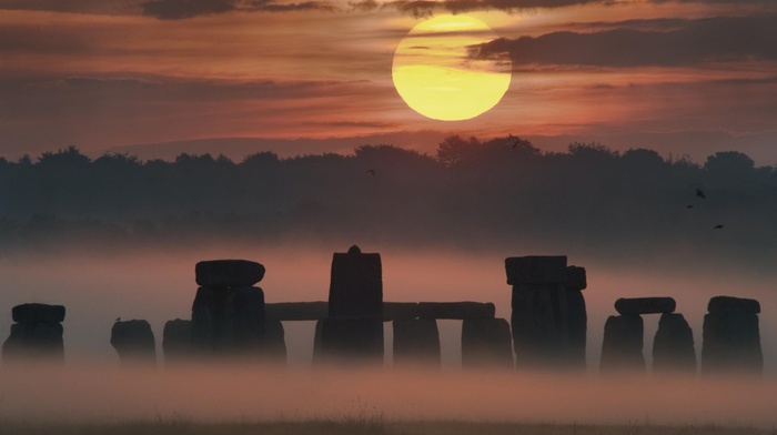 UK, mist, Sun, nature, Stonehenge, architecture, grass, England, morning, birds, field, sunrise, pillar, forest, trees, stone, clouds