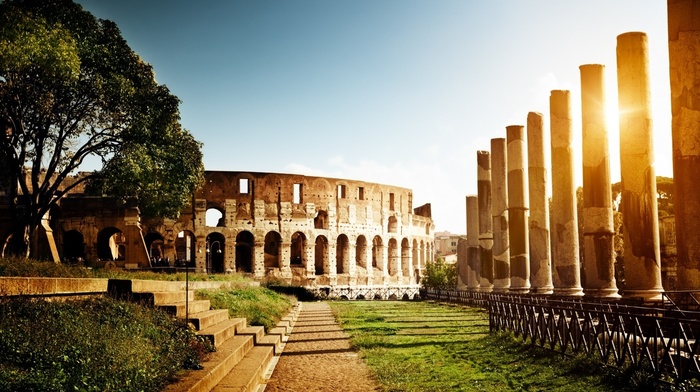 sunlight, trees, Sun, Colosseum, Rome, nature, monuments, pillar, field, path, architecture, capital, arch, arena, stone, grass, Italy, building, stairs