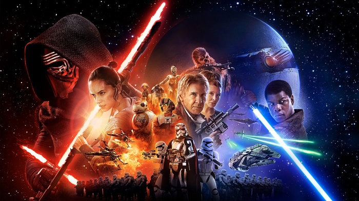 Poe Dameron, Han Solo, BB, 8, Chewbacca, movie poster, lightsaber, Kylo Ren, Captain Phasma, R2, D2, Star Wars Episode VII, The Force Awakens, stormtrooper, Star Wars