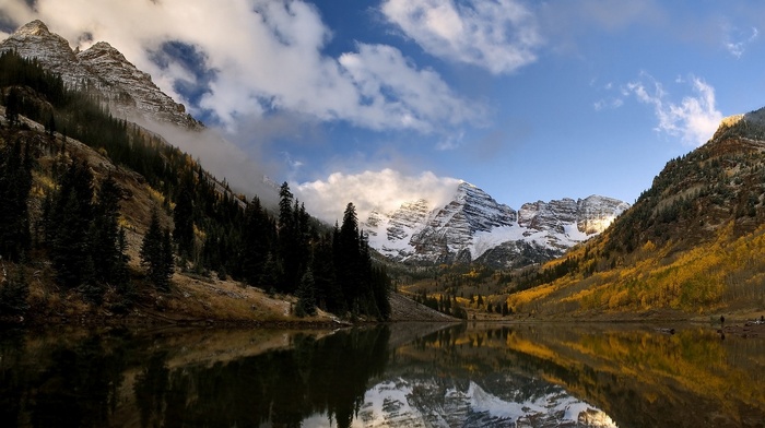morning, Colorado, landscape, snowy peak, lake, reflection, water, clouds, mist, fall, mountain, forest, nature