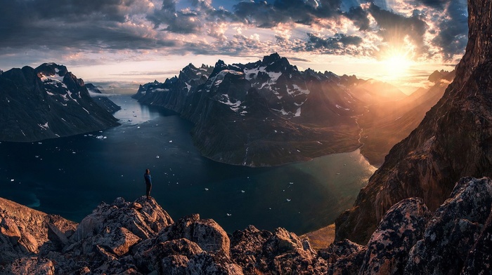 sunset, Greenland, clouds, mountain