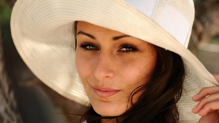 long hair, hat, brunette, smiling, girl