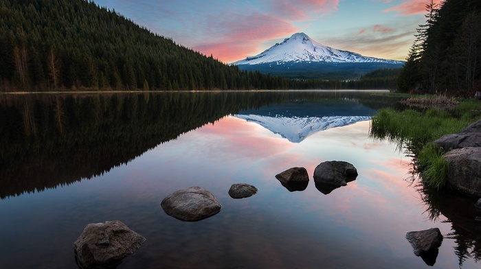 reflection, clouds, forest, landscape, nature, sunrise, water, calm, Oregon, lake, snowy peak, mountain