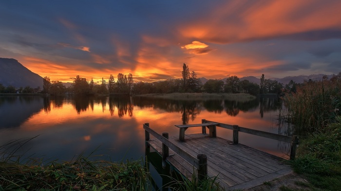 dock, sky, lake, reeds, mountain, sunrise, landscape, nature, clouds, water, France, trees